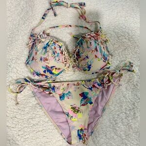 Victorias Secret Pink Floral Fringe Cheeky Bikini 32DD Medium